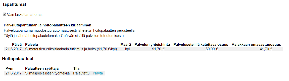 Palvelutapahtuma muodostettu hoitopalautteen perusteella